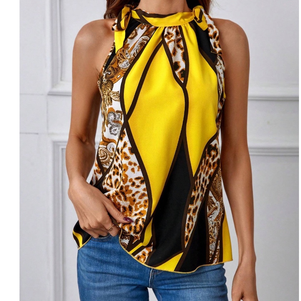 Leopard Print Color Block halter Neck Tie Tank Top - Picture 4 of 9